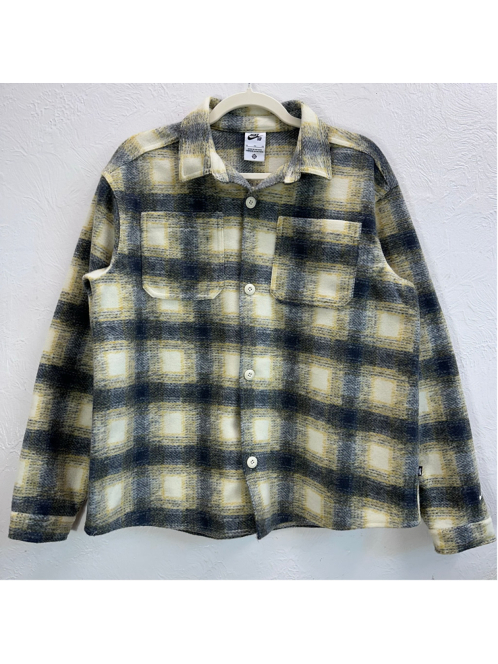 Mens Nike SB Plaid Fleece Shirt Jacket Flannel Shacket XL Grey Yellow Skate